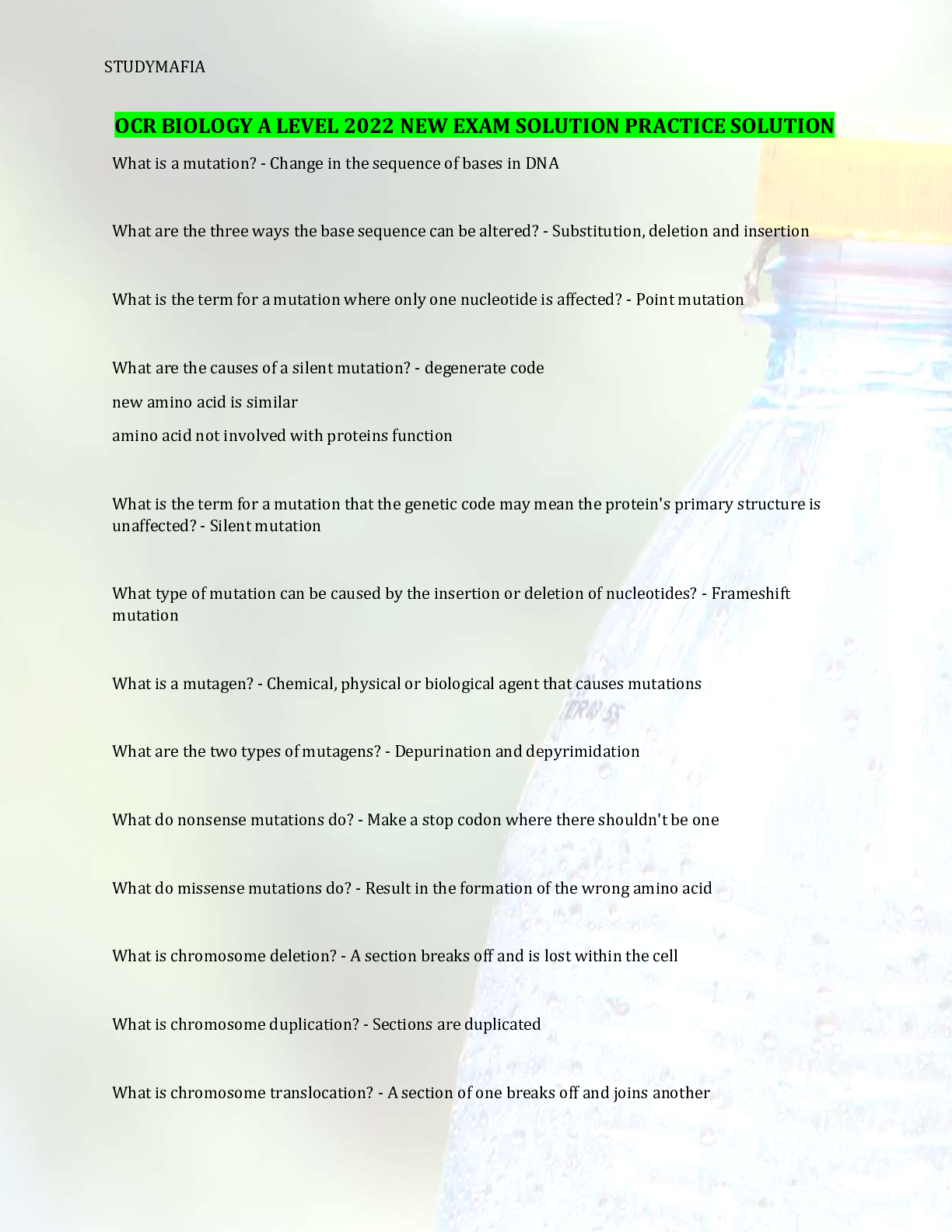 Preview image for OCR BIOLOGY A LEVEL 2022 NEW EXAM SOLUTION PRACTICE SOLUTION